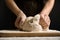 Woman beating dough at table. Making pasta