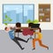 Woman beats the boss at work, conflict. Gender inequality and the fight against stereotypes. Vector illustration