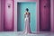 Woman in a beautiful dress infront of teal and pink room interior. Fashion, interior, vivid colors, design. Ai generative.
