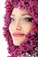 Woman beautiful face with flower lilac border