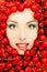 Woman beautiful face with red ripe big fresh cherry