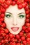 Woman beautiful face with red ripe fresh cherry