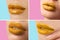 Woman with beautiful gold lipstick on backgrounds, collage