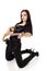 Woman beautiful musician playing guitar electric