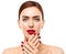 Woman Beauty Face Lips and Nails, Red Lipstick Nail Polish