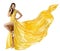 Woman Beauty Fashion Dress, Beautiful Girl In Flying Yellow Fluttering Gown, Standing on One Leg High Heels, Fabric Cloth Waving