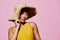 Woman beauty fashion yellow pink smile trendy swimsuit portrait makeup summer