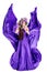 Woman Beauty Lilac Wreath, Fluttering Silk Purple Dress, Beautiful Fashion Gown Waving on White