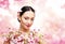 Woman Beauty Pink Flowers, Asian Fashion Model Girl