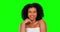 Woman, beauty and smile with face on green screen, skincare and natural cosmetics with mockup. Skin glow, dermatology