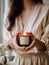 Woman in beige dress holding burning candle, design and branding ready candle jar mockup with female hands, no face