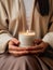 Woman in beige dress holding burning candle, design and branding ready candle jar mockup with female hands, no face