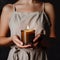 Woman in beige dress holding burning candle, design and branding ready candle jar mockup with female hands, no face