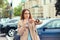 Woman being late to a rendez-vous. Closeup portrait headshot view stressed young attractive beautiful businesswoman checking the