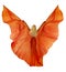 Woman in belly dance fabric dress as wings. Back side, white background