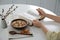 Woman with Bible having dinner at home, closeup. Great Lent season