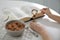 Woman with Bible having dinner at home, closeup. Great Lent season