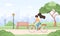 Woman on bicycle rides around the city. Spring landscape. Summer background. Cute happy young girl on bike at park