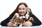 The woman and big group of a beagle puppies