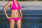 Woman and bikini pink show shape beautiful on beach