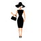 Woman in black elegant hat, bag and sunglasses waving. Rich and beautiful celebrity girl. Beauty fashion model face red lips.