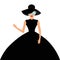 Woman in black elegant hat and big dress, sunglasses waving.