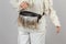 Woman with Black Leather Crossbody Fanny Pack Bag