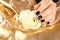 Woman with black manicure holding beautiful flower on golden fabric. Nail polish trends