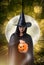 Woman in Black Scary witch halloween costume with Halloween art