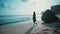 A Woman in a black short dress walking lonely to the beach to see the ocean waves