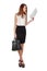 Woman in black skirt holdding bag and reading documents over whi