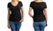 Woman in black V-neck T-shirt, front and back