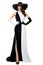 Woman Black and White Formal Dress. Fashion Model in Long Evening Contrast Gown. Elegant Lady in Black Hat and Gloves