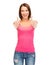 Woman in blank pink tank top showing thumbs up