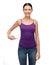 Woman in blank purple tank top pointing at herself