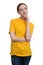 Woman in blank yellow t-shirt thinking