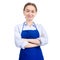 Woman in blue apron smile