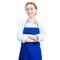Woman in blue apron smile