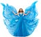 Woman Blue Dress, Fashion Model in Long Waving Gown as Wings, Flying Fabric