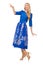 Woman in blue dress with flower prints isolated on