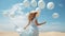 woman with blue dress flying through the desert holding white balloons