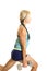 Woman in blue fitness tank top lunge side close