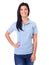 Woman in blue polo shirt on a white