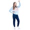 Woman in blue sweatpants sport style casual standing looking smiling showing pointing