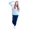 Woman in blue sweatpants with sunglasses sport style casual dancing smiling