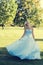 Woman in blue tulle dress dancing in the park