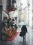 Woman with blue umbrella walks on quaint cobblestone alleyway in Aosta, Italy with inviting red carpet entrance to Italian restaur