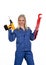Woman in blue work clothes with drill