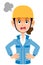 Woman in blue workwear wearing a helmet getting angry