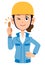 Woman in blue workwear wearing a helmet to thumb up